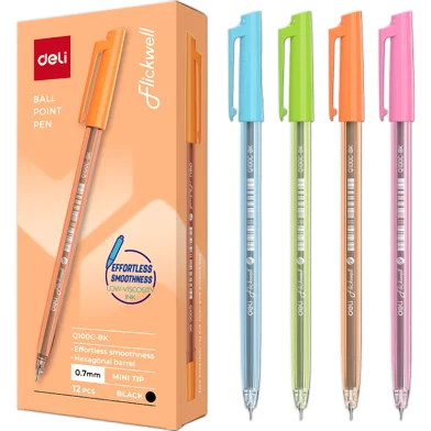 Deli Flickwell বলপয়েন্ট পেন(মাল্টিকালার)-0.7 মিমি-12 পিস - EQ100C-BK