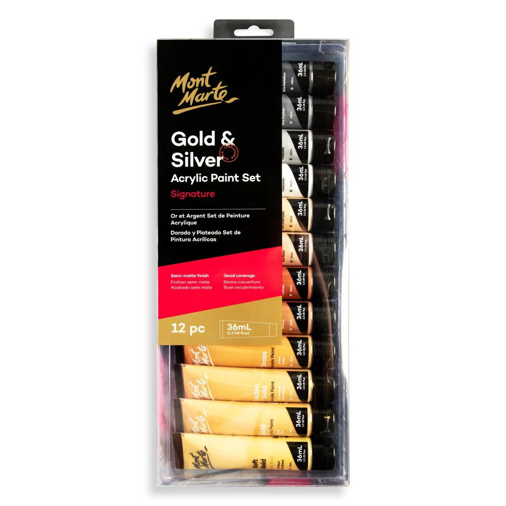 Mont Marte Gold ও Silver অ্যাক্রিলিক পেইন্ট সেট সিগনেচার 12pc x 36ml (1.2 US fl.oz)