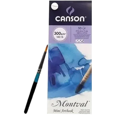 Canson Montval ওয়াটারকালার 300 জিএসএম কোল্ড প্রেসড 17.5 x 7 সেমি মিনি আর্ট বুক সহ 1 ওয়াটারকালার ব্রাশ (হোয়াইট, 30 শিট)