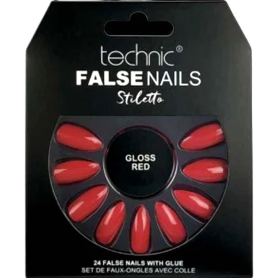 Technic Stiletto 24 False Nails সহ গ্লু - গ্লস রেড