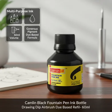 Camlin ব্ল্যাক ফাউন্টেন পেন ইংক বোতল ড্রয়িং ডিপ Airbrush ডাই বেসড Refil- 60 মিলি — ছবি 2