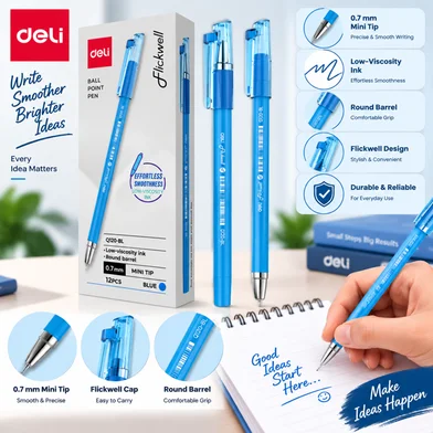 Deli Flickwell বলপয়েন্ট পেন-0.7 মিমি-12 পিস - EQ120-BL — ছবি 2