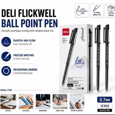 Deli Flickwell বলপয়েন্ট পেন (Low Viscosity ইংক) 0.7 মিমি-12 পিস - EQ100-BK — ছবি 2